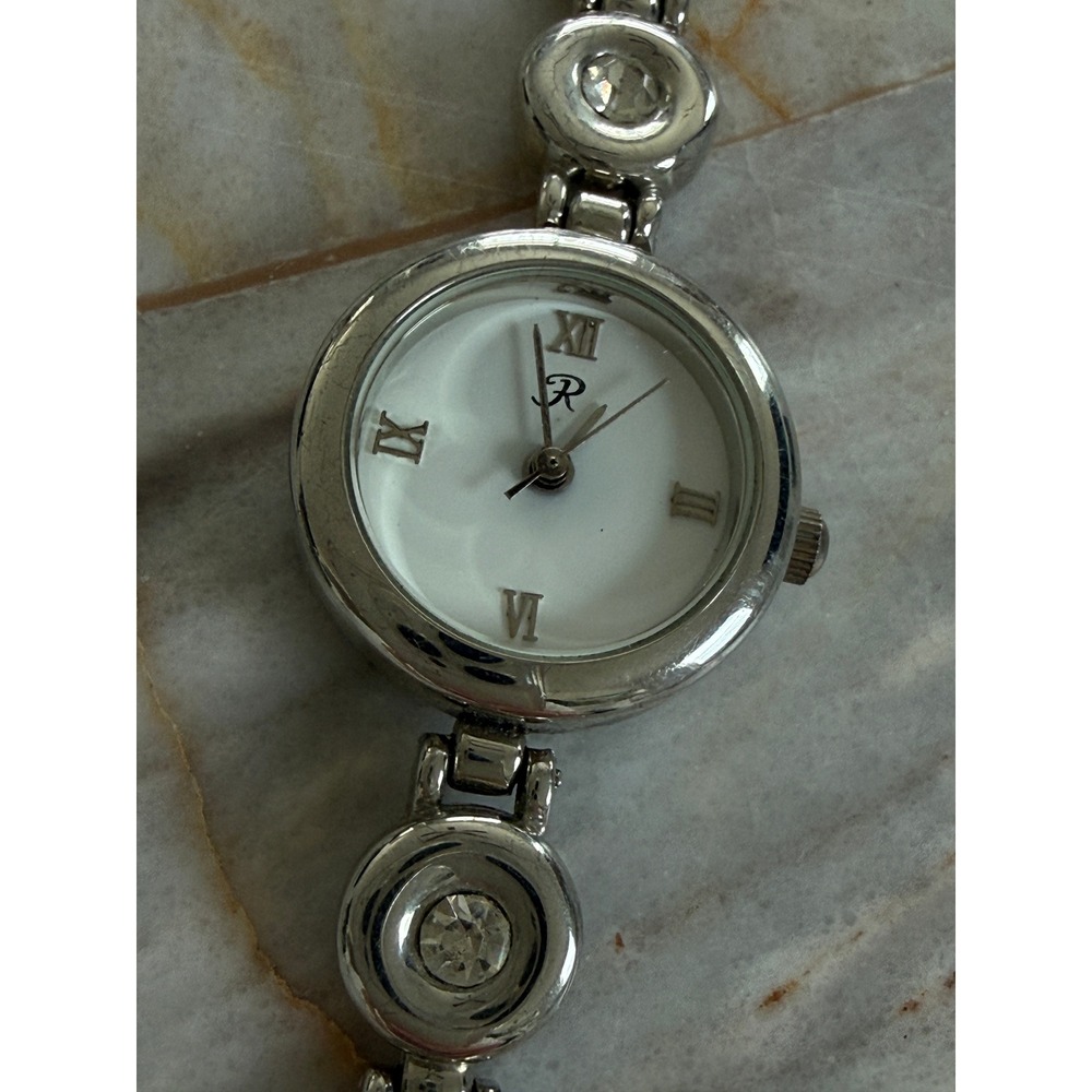R Silver Tone Crystal Accent Link Bracelet Dress Watch White Roman Numeral Face